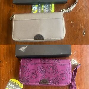 Travelon RFID Zip Around Wristlet Wallets – Set of 2, Purple Floral & Tan – NWB